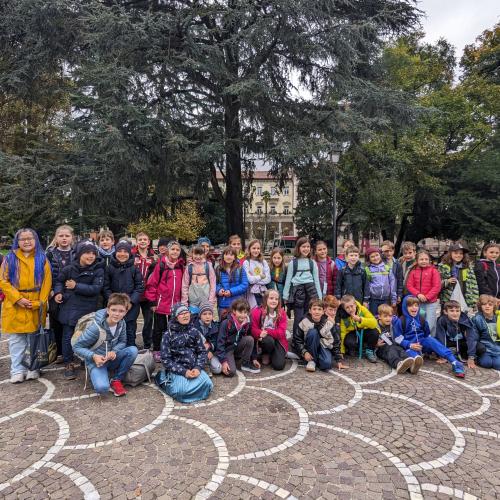 Die Api werden von ihren Partnerkindern durch die Stadt Trient geführt.