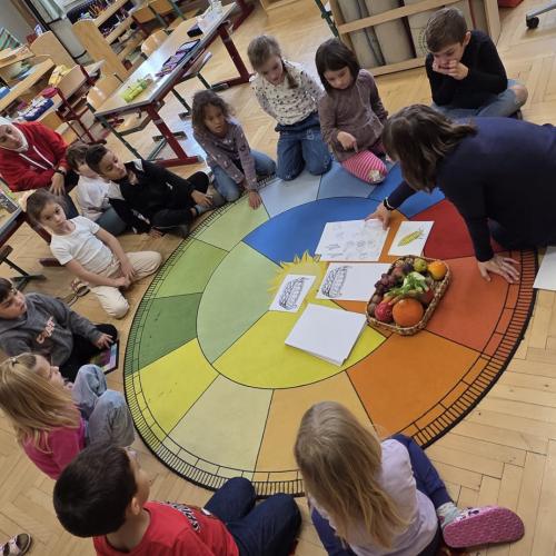 Die Conigli Klasse sitzt im Sitzkreis und lernt mit allen Sinnen 